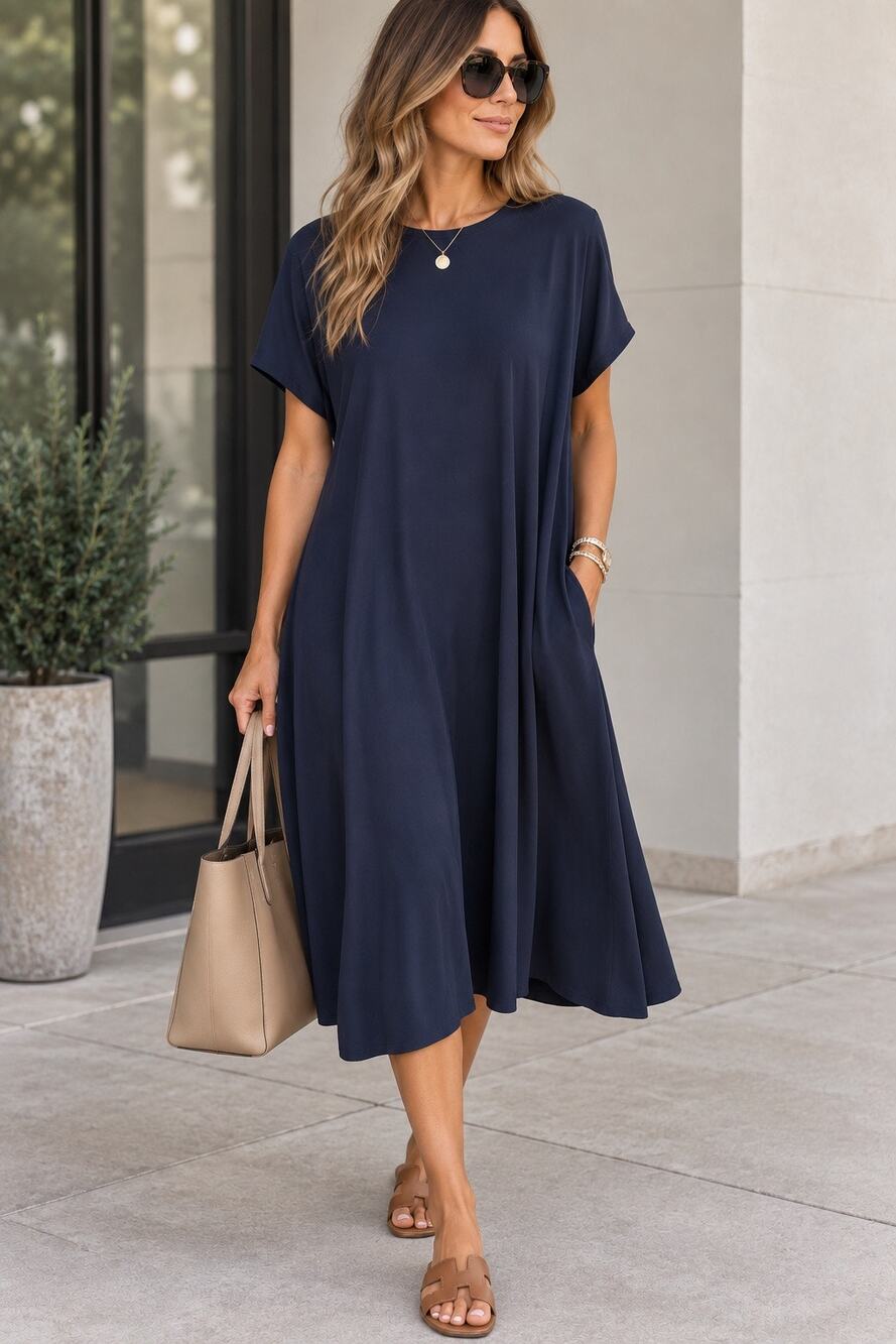 Banana Republic BR Short Sleeve Round Neck Midi Shift Dress Navy Blue Womens 10